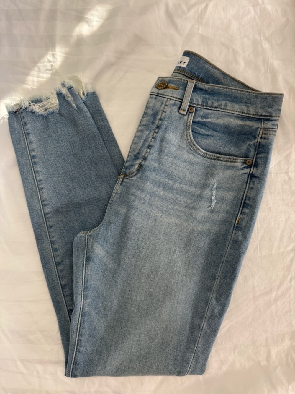 LOFT Light Blue High Waist Skinny Jeans with Frayed Hem